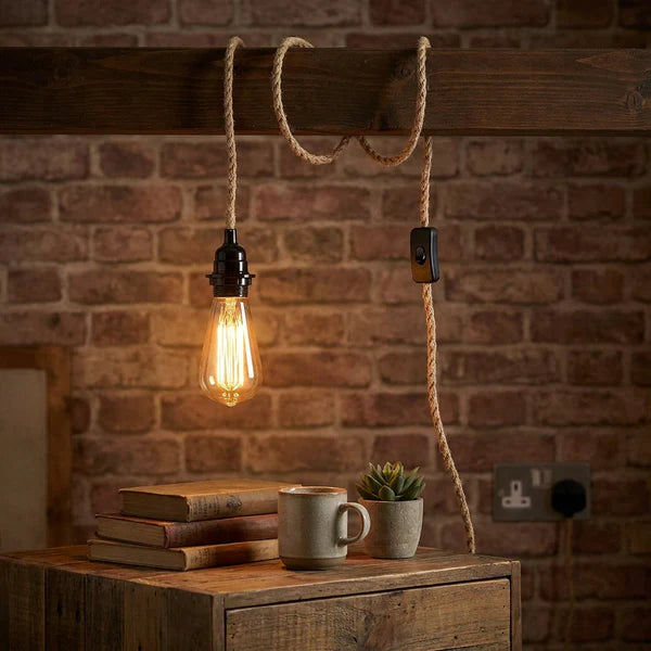 2M Plug In Pendant hemp with Switch and Holder Black