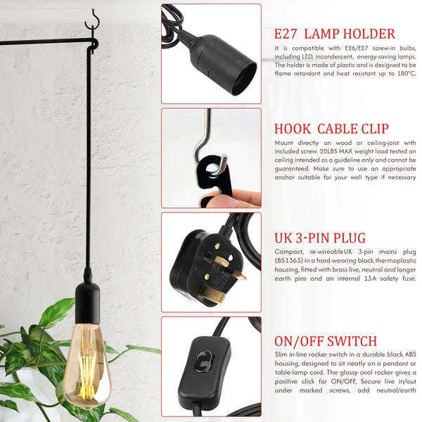 E27 Plug in Black Light Socket Cord Ceiling Hanging Lights