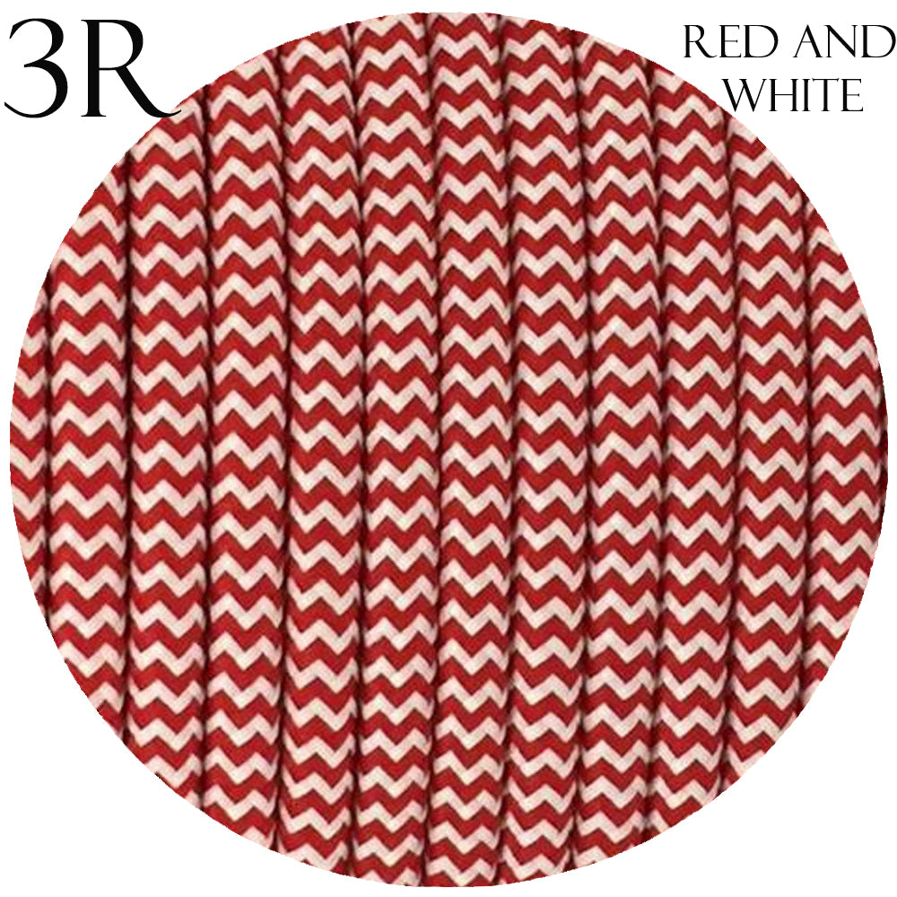 3 Core Round Red & White Vintage Italian Braided Fabric Cable Flex 0.75mm UK