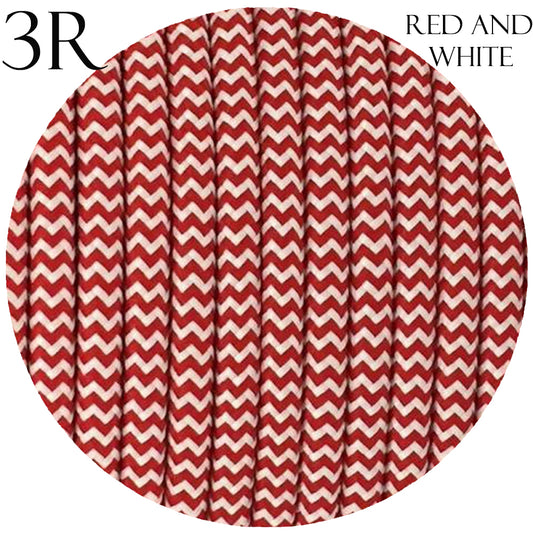 3 Core Round Red & White Vintage Italian Braided Fabric Cable Flex 0.75mm UK