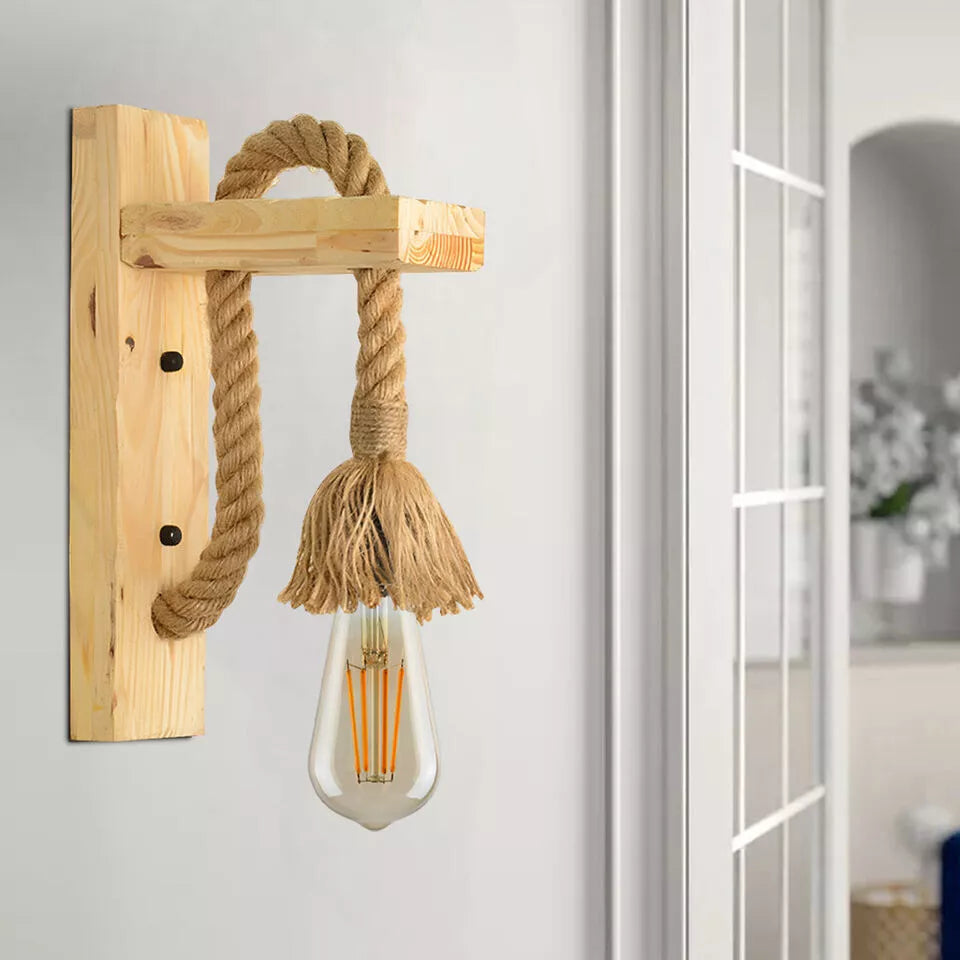 Industrial Wooden Hemp Rope E27 Wall Mounted Sconce Light