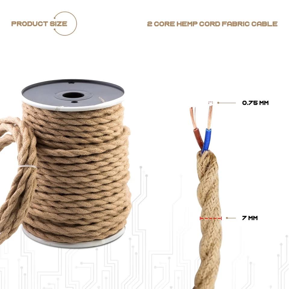 2 Core Twisted Hemp Rope Cable - 10m Vintage Style DIY Lighting Flex Wire