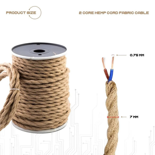 2 Core Twisted Hemp Rope Cable - 10m Vintage Style DIY Lighting Flex Wire