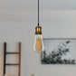 A single hanging pendant light with a clear glass Edison-style bulb and a brass-toned socket, suspended by a black cord in a softly blurred indoor room.
