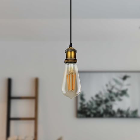 A single hanging pendant light with a clear glass Edison-style bulb and a brass-toned socket, suspended by a black cord in a softly blurred indoor room.