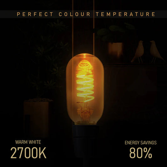 E27 T45 Tubular Vintage Filament Bulb 4W – Amber Glass 2700K Warm White Dimmable