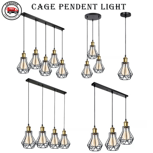 Vintage Industrial Black Cage Pendant Lights – 1/3/5 Way Ceiling Lamp