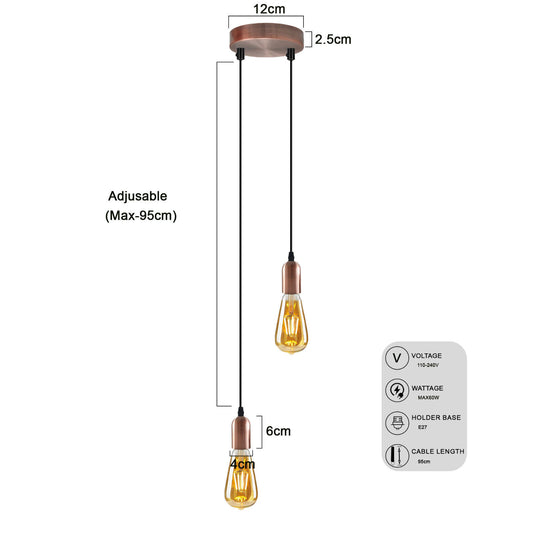 Vintage E27 Metal 2 Head Holder Ceiling Pendant Light with Adjustable Cable