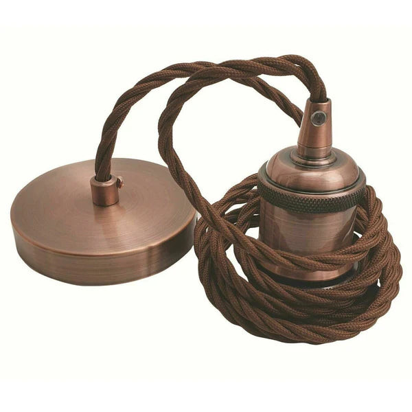 Vintage Copper Pendant Light Fitting – E27 Industrial Ceiling Lamp with 1m Adjustable Twisted Cable  ~1712