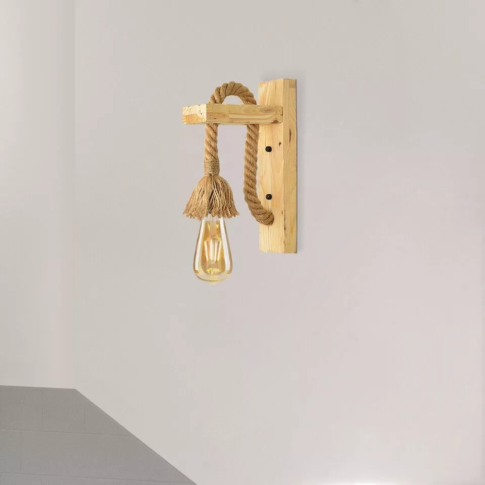 Industrial Wooden Hemp Rope E27 Wall Mounted Sconce Light