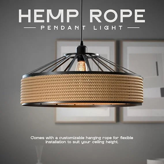 Rattan-Style Boho Hemp Lampshade – Natural E27 Pendant Shade