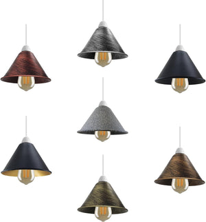 Set of pendant lights with different colored shades on a white background