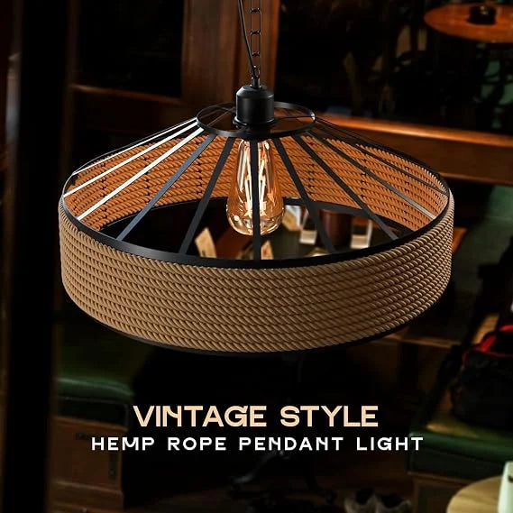 Rattan-Style Boho Hemp Lampshade – Natural E27 Pendant Shade