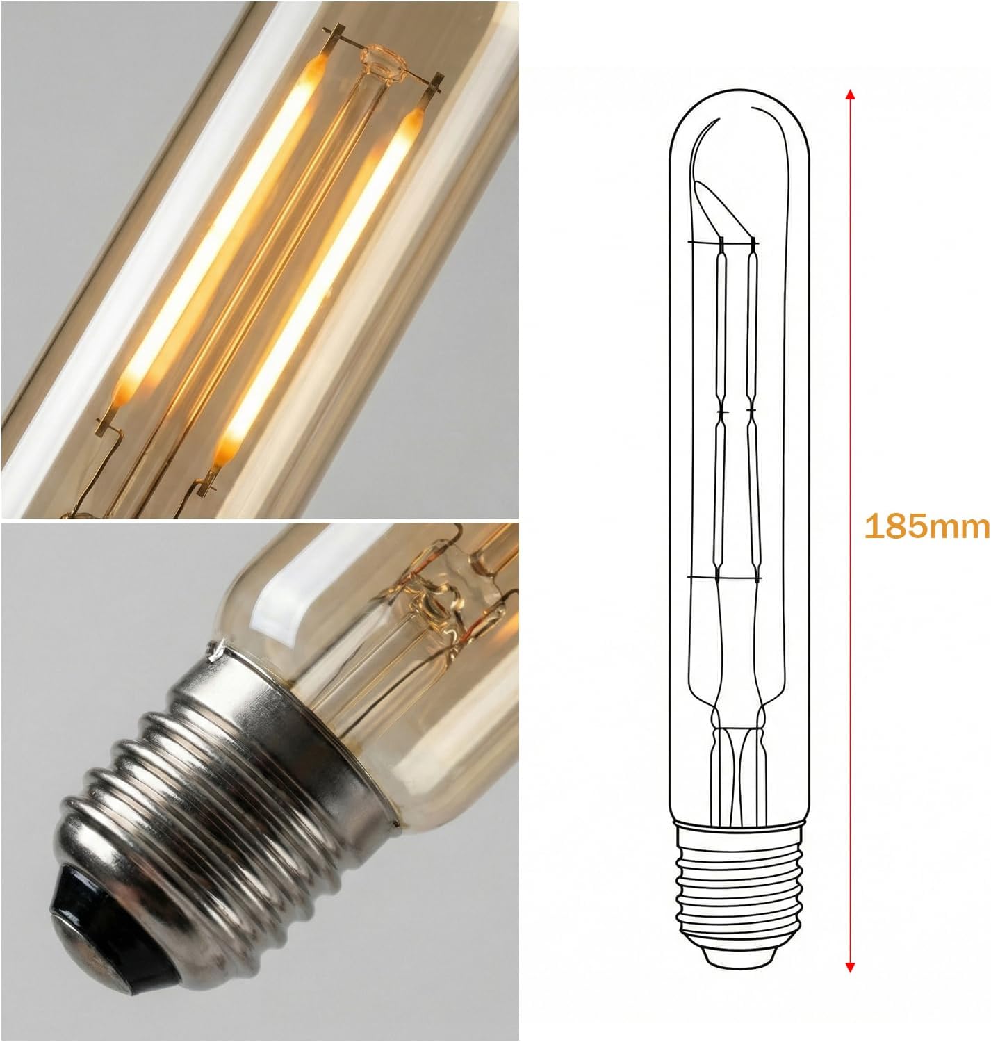 LED T185 4W E27 Tubular Filament Warm White Dimmable Bulbs