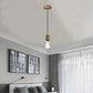 Modern bedroom with pendant light fixture, bed, and wall art.