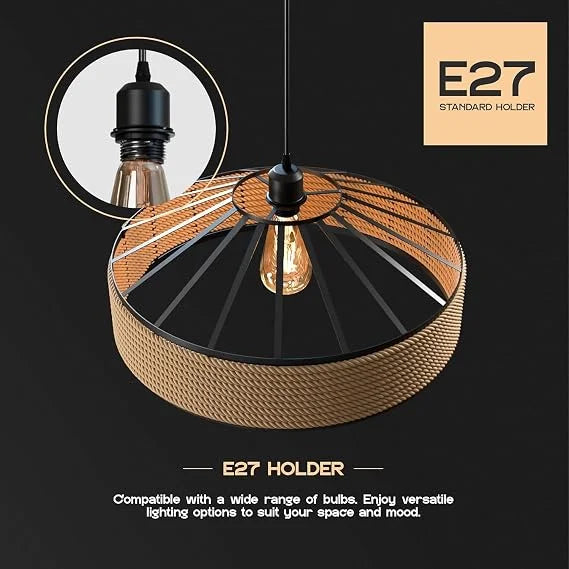 Rattan-Style Boho Hemp Lampshade – Natural E27 Pendant Shade