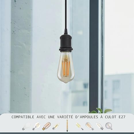 1m Shiny Black Pendant Holder | E27 Hanging Light Fitting ~1697