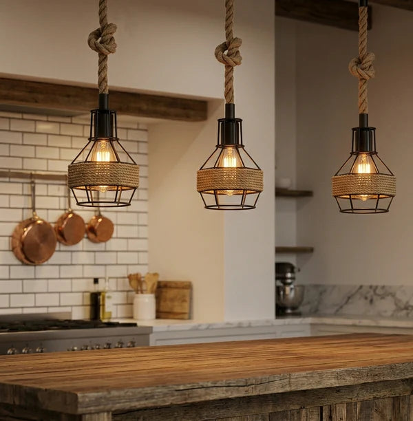 Retro Hemp Rope Hanging Ceiling Pendant light with Hemp cage