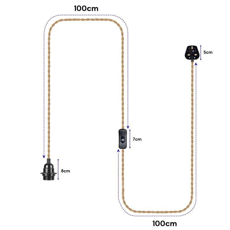Industrial Hanging Adjustable Hemp Rope ON/OFF Switch UK Plug Pendant Light-Size