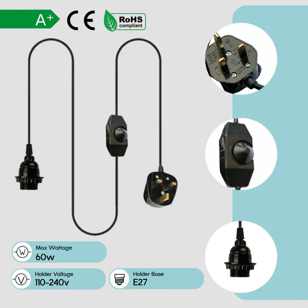 E27 Rubber Cable Plug In Pendant with Switch Holder Lighting
