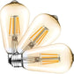 A clear glass LED filament bulb with an E27 screw base, emitting a warm light.