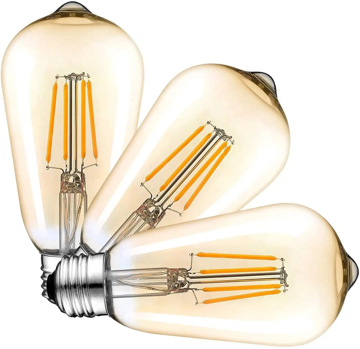 A clear glass LED filament bulb with an E27 screw base, emitting a warm light.