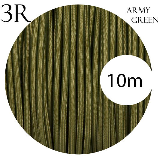 3 Core Army Green Round Vintage Italian Braided Fabric Cable Flex 0.75mm UK