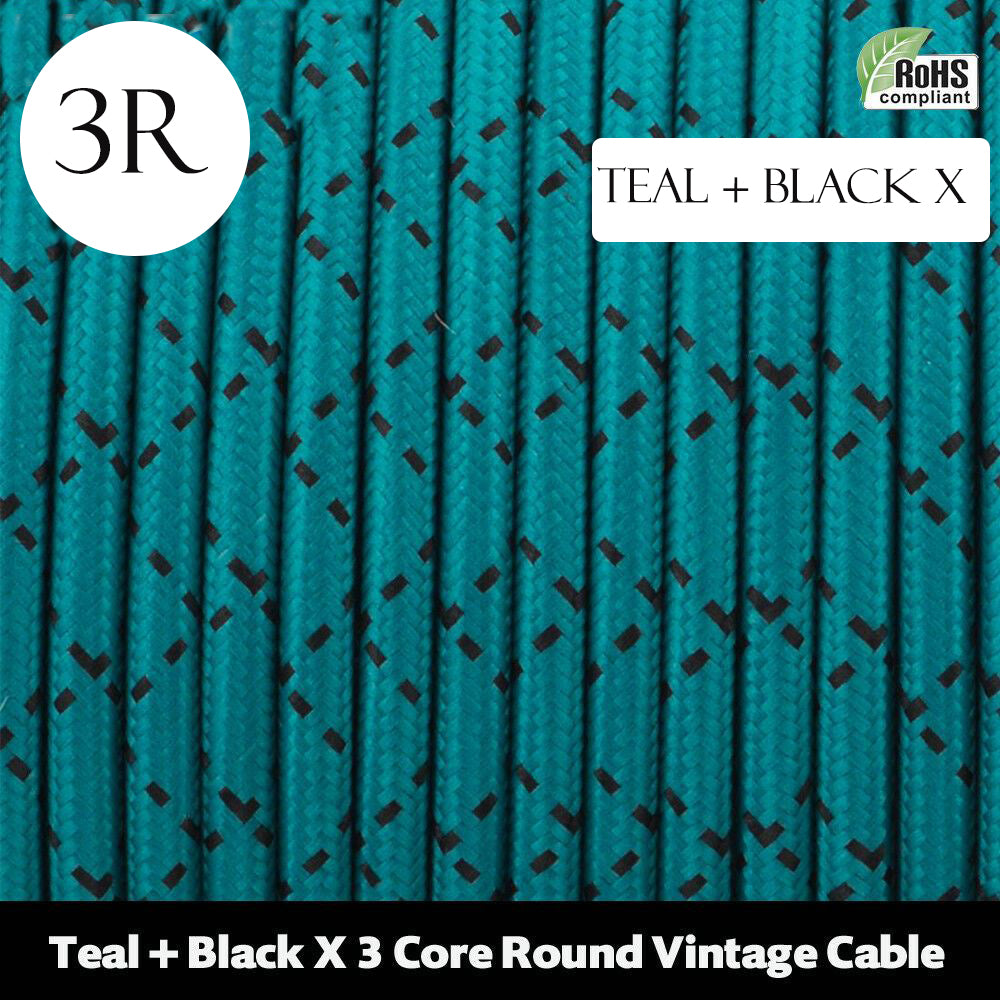 3 core Round Vintage Braided Fabric Teal & Black Coloured Cable Flex 0.75mm