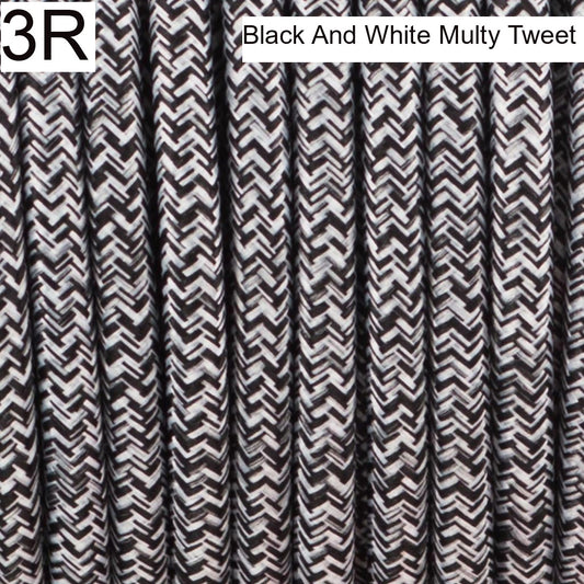 3 core Round Vintage Braided Fabric Black & White Multi Tweed Coloured Cable Flex 0.75mm