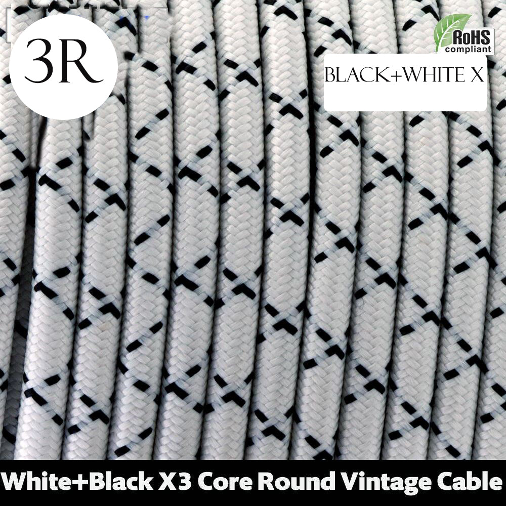 3 core Round Vintage Braided Fabric Black &White - X  Coloured Cable Flex 0.75mm