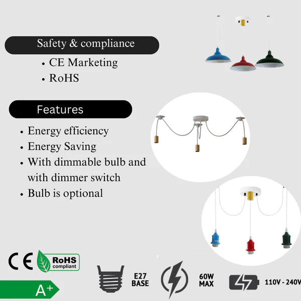 3-Way Spider Pendant Light – E27 Cage Shade Industrial Ceiling Light