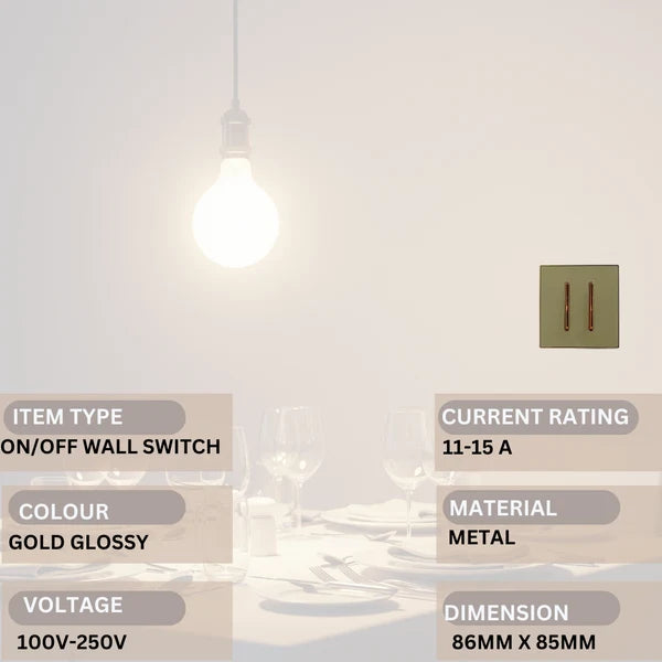 Gold glossy wall switch with light bulb on a neutral background