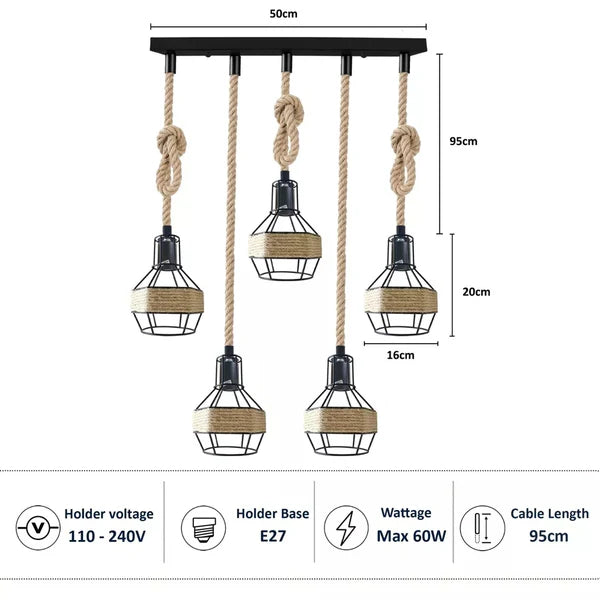 Retro Hemp Rope Hanging Ceiling Pendant light with Hemp cage