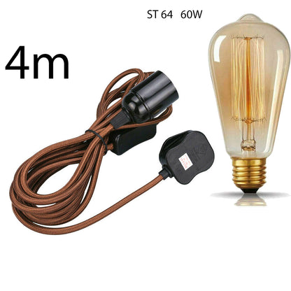 4m Fabric Flex Cable Plug In Pendant Lamp Set With Bulb Holder