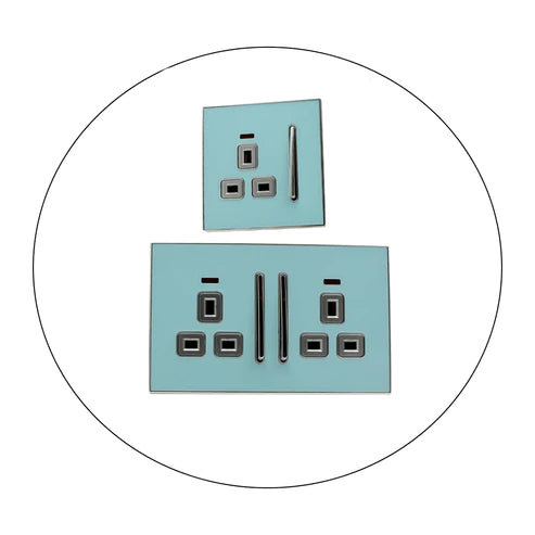 Decorative Blue Glossy Main Plug Sockets Full Range Satin Gold Inserts UK
