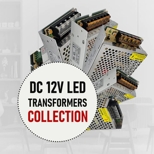 A collection of DC 12V LED transformer units arranged in a stacked formation, with a label in the foreground reading 'DC 12V LED TRANSFORMERS COLLECTION'.