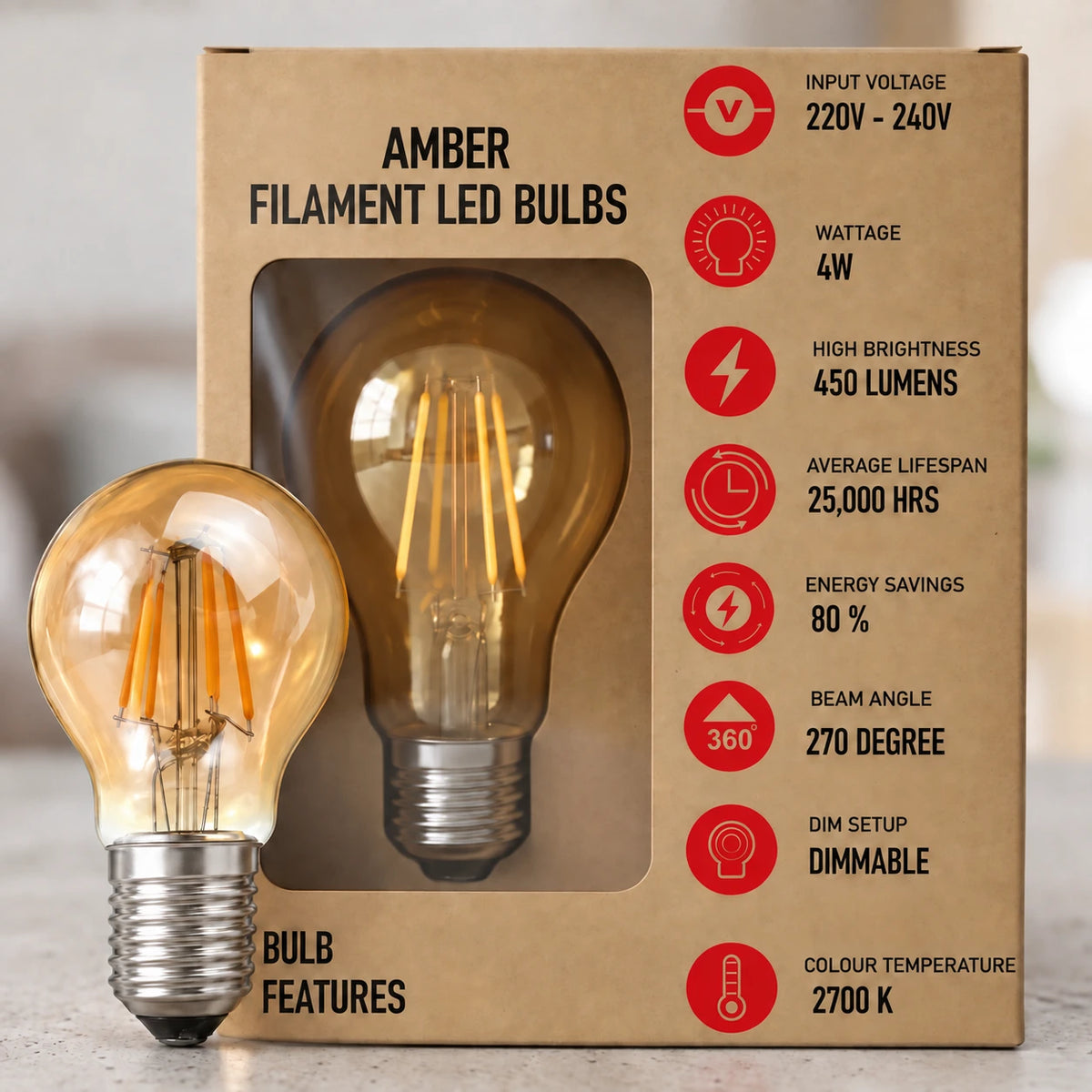 LED A60 E27 4W Bulb Filament Dimmable Screw Small Globe Light Bulb