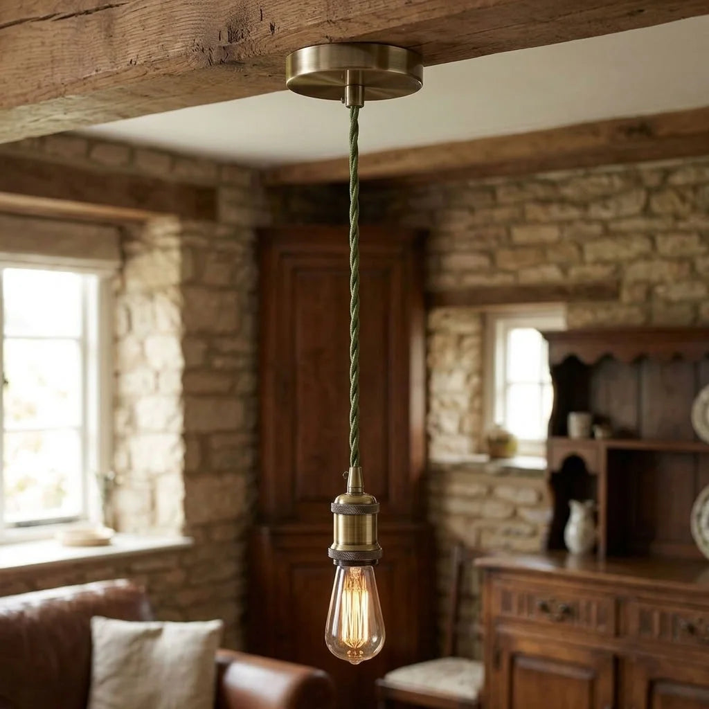E27 Pendant Light Fitting with Ceiling Rose and Fabric Cord