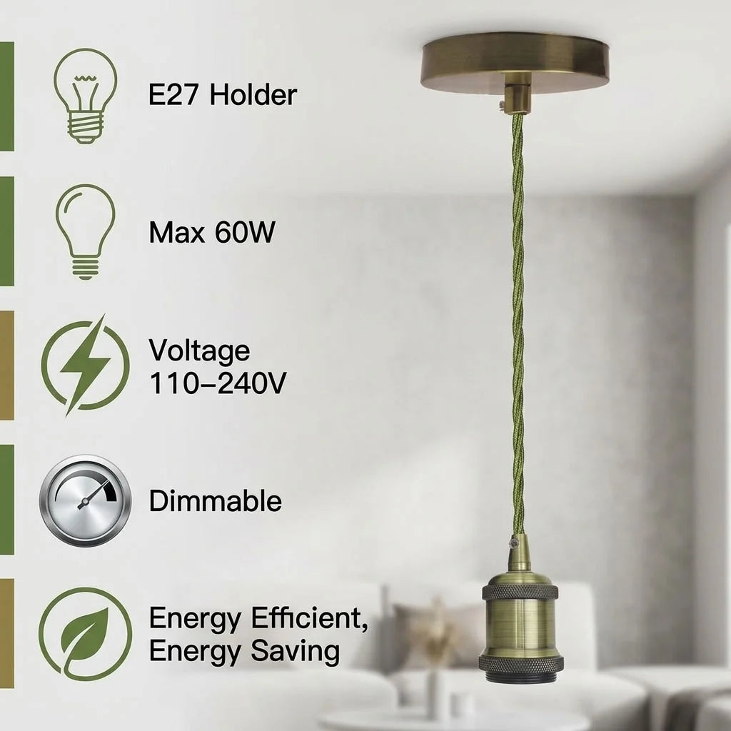 E27 Pendant Light Fitting with Ceiling Rose and Fabric Cord