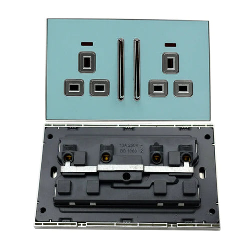 Decorative Blue Glossy Main Plug Sockets Full Range Satin Gold Inserts UK