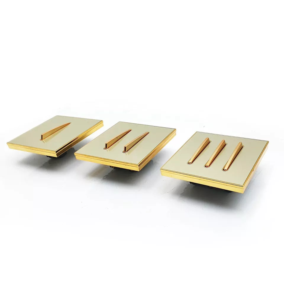  gold glossy screwless 2 gang wall switch for modern interiors, decorative industrial style wall switch for UK homes.