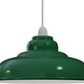 A green metal pendant light with a tiered dome shade and a white cord, shown against a plain white background.