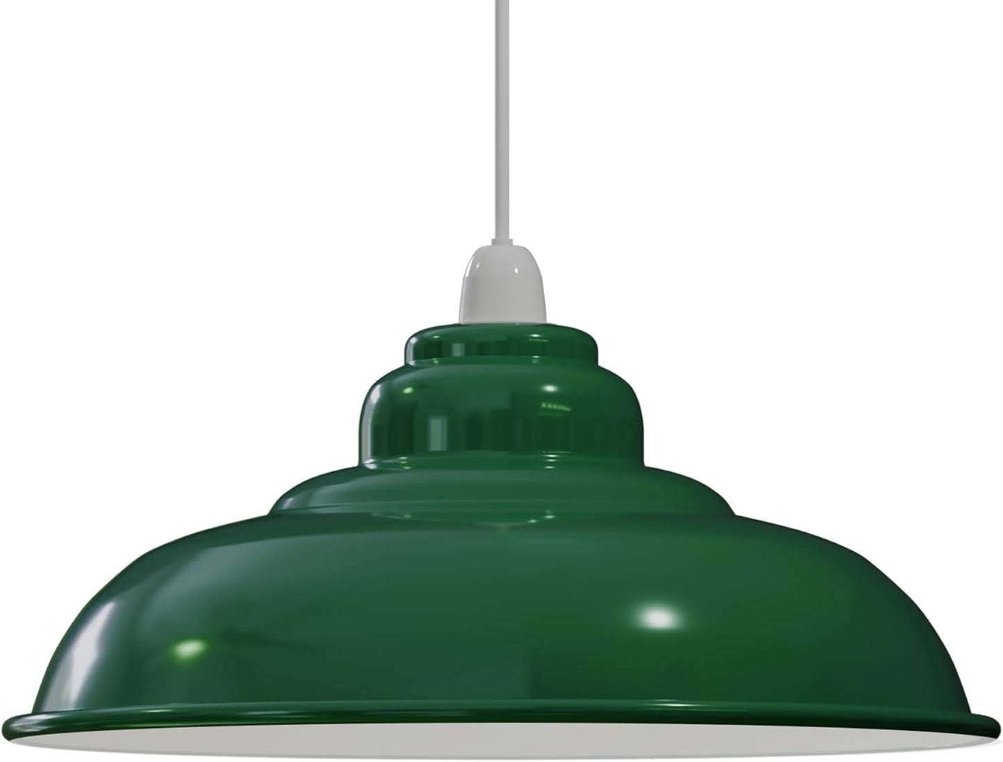 A green metal pendant light with a tiered dome shade and a white cord, shown against a plain white background.