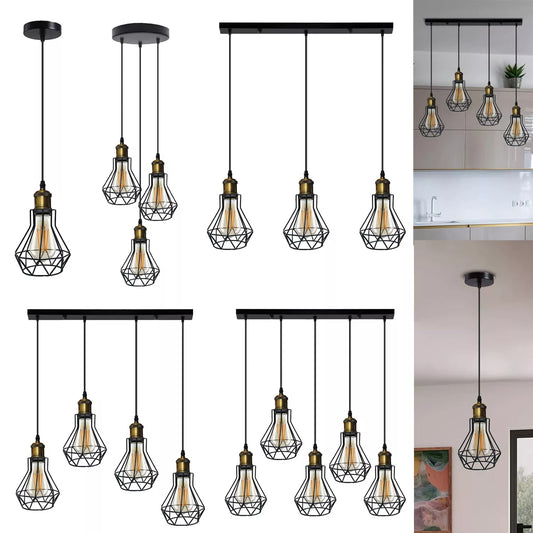 Vintage Industrial Black Cage Pendant Lights – 1/3/5 Way Ceiling Lamp