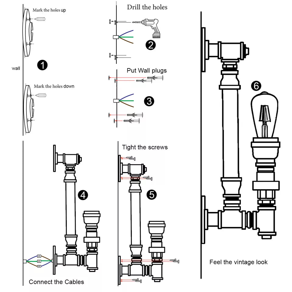 Industrial Rustic Wall Lamp Steampunk Water pipe Wall Light