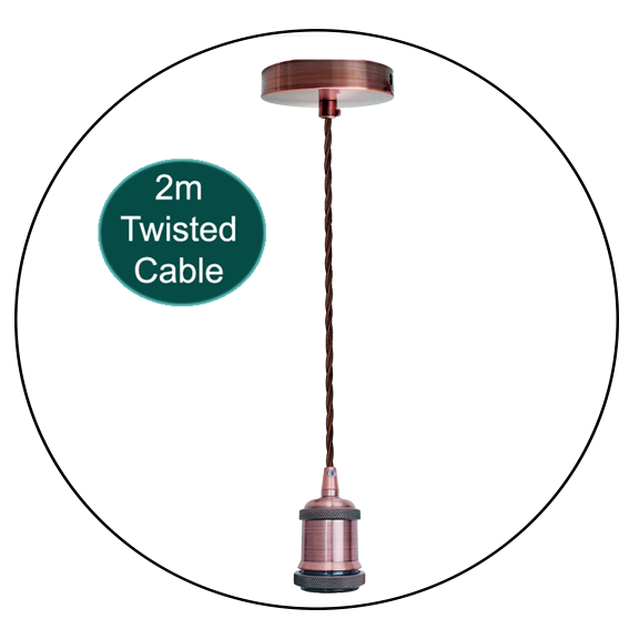 2m twisted cable E27 copper pendant holder for stylish lighting