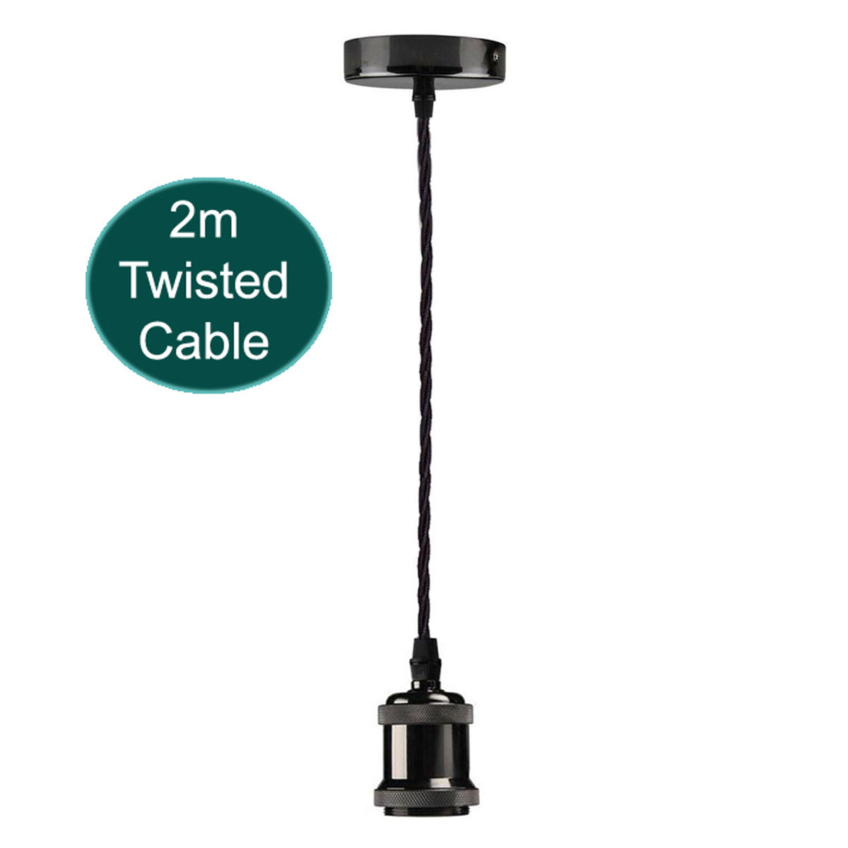 2m Black Twisted Cable Pendant E27 Base Shiny Black Holder~1729 - electricalsone UK Ltd