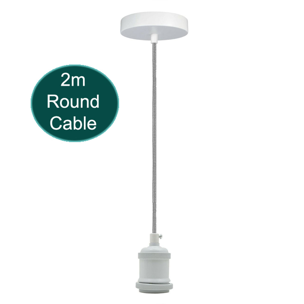 2m Grey Round Cable E27 Base White Pendant Holder~1726 - electricalsone UK Ltd