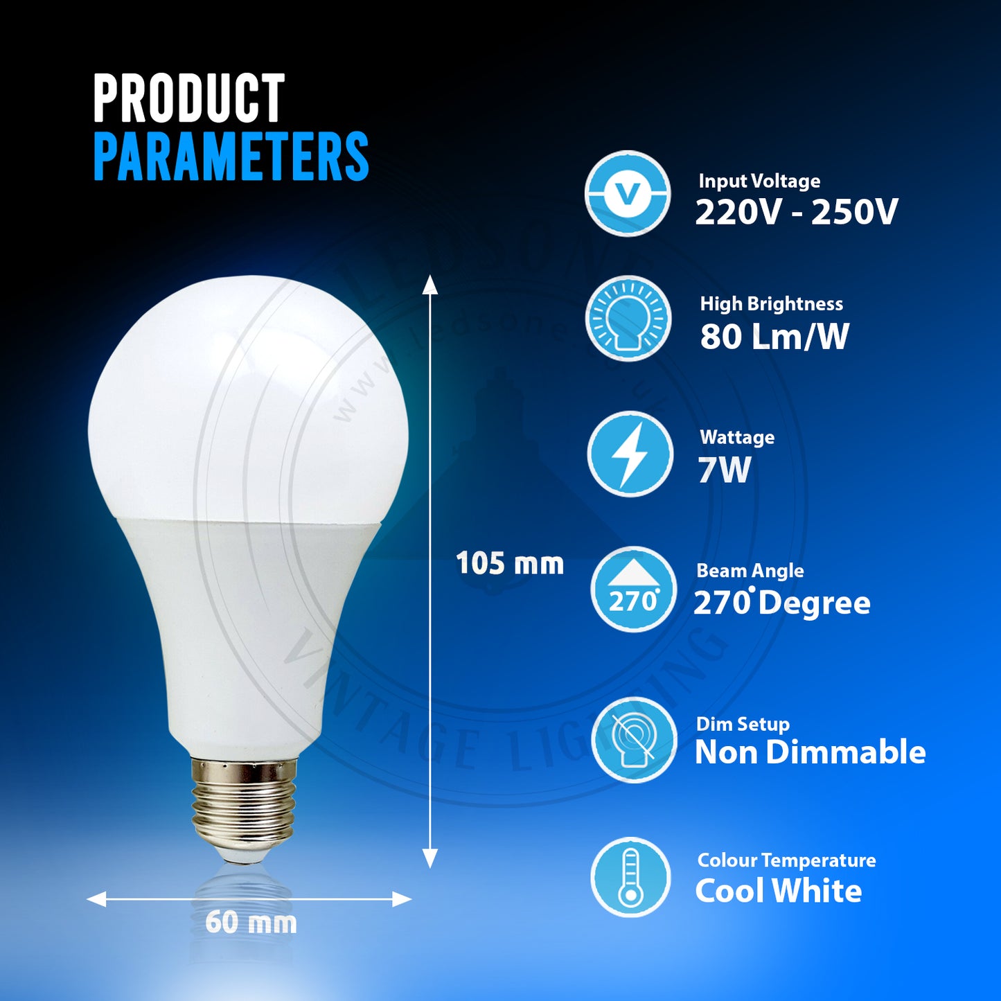 7W E27 Cool White  A60 Globe LED Light Bulb Energy Saving Lamp