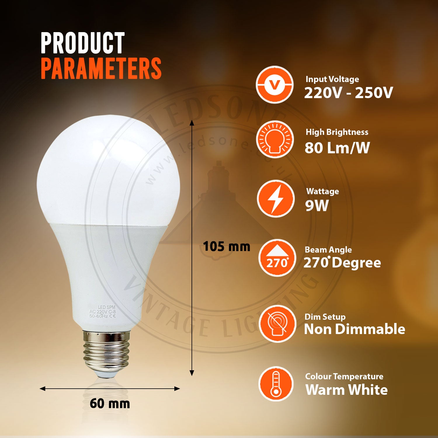E27 9W Energy Saving Warm White LED Light Bulbs A60 E27 Screw-in non dimmable bulbs